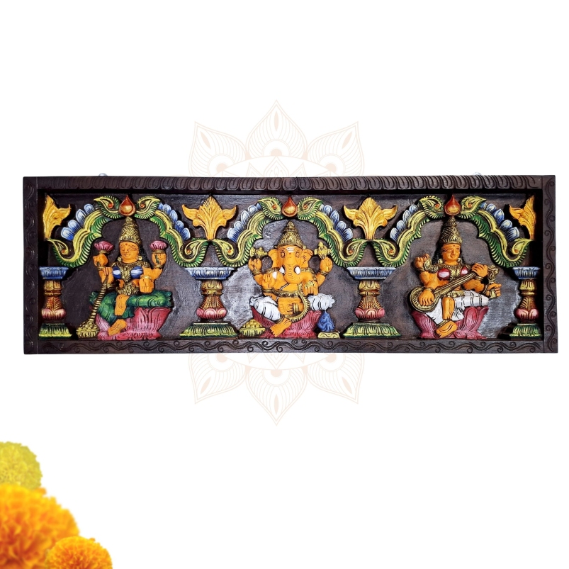 36-inch multicolor wooden Lakshmi Ganesha Saraswathi wall panel, hand-carved temple art decor