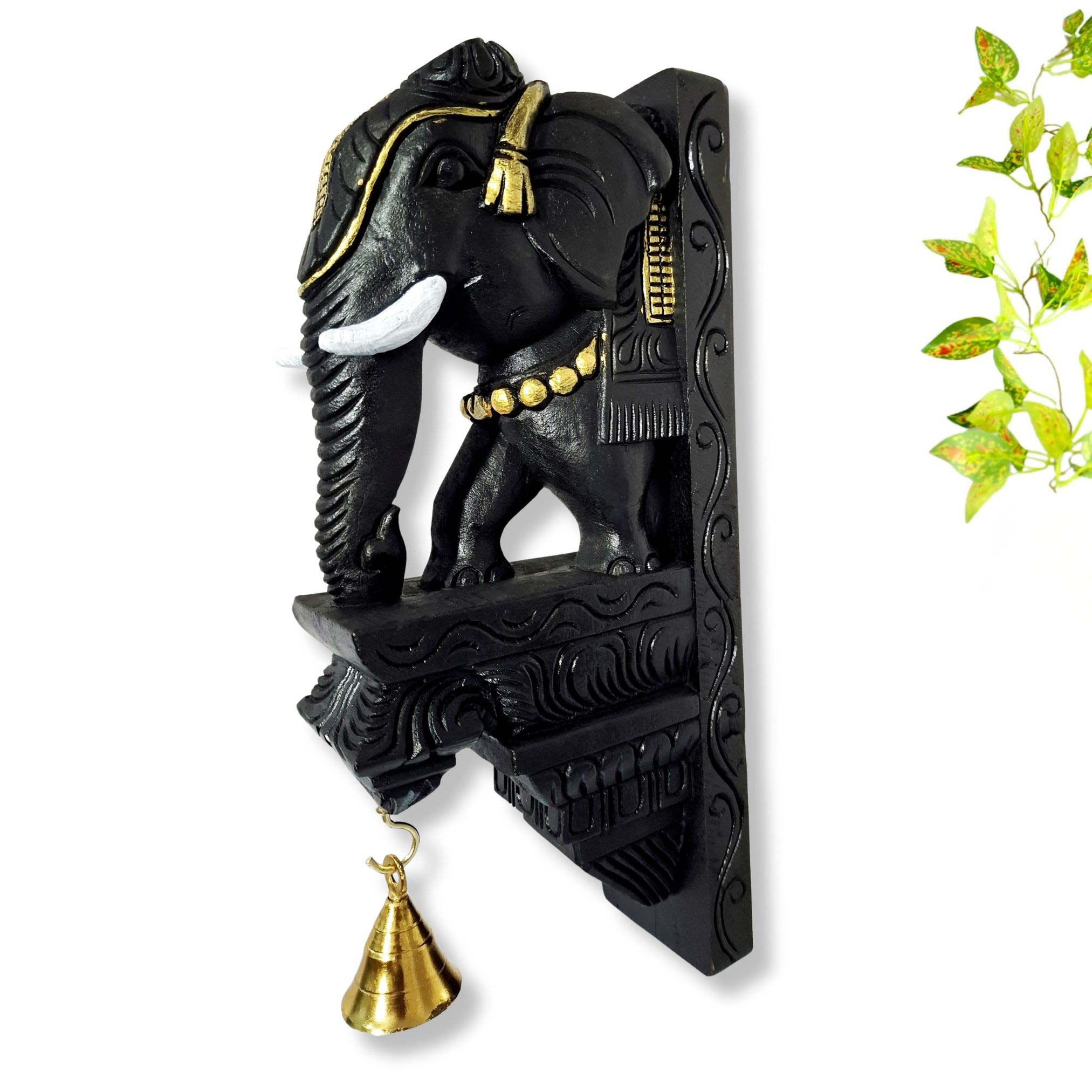 Hand-carved Wooden Elephant wall bracket with brass bell. Antique solid wood decor for pooja room, entrance & traditional home décor