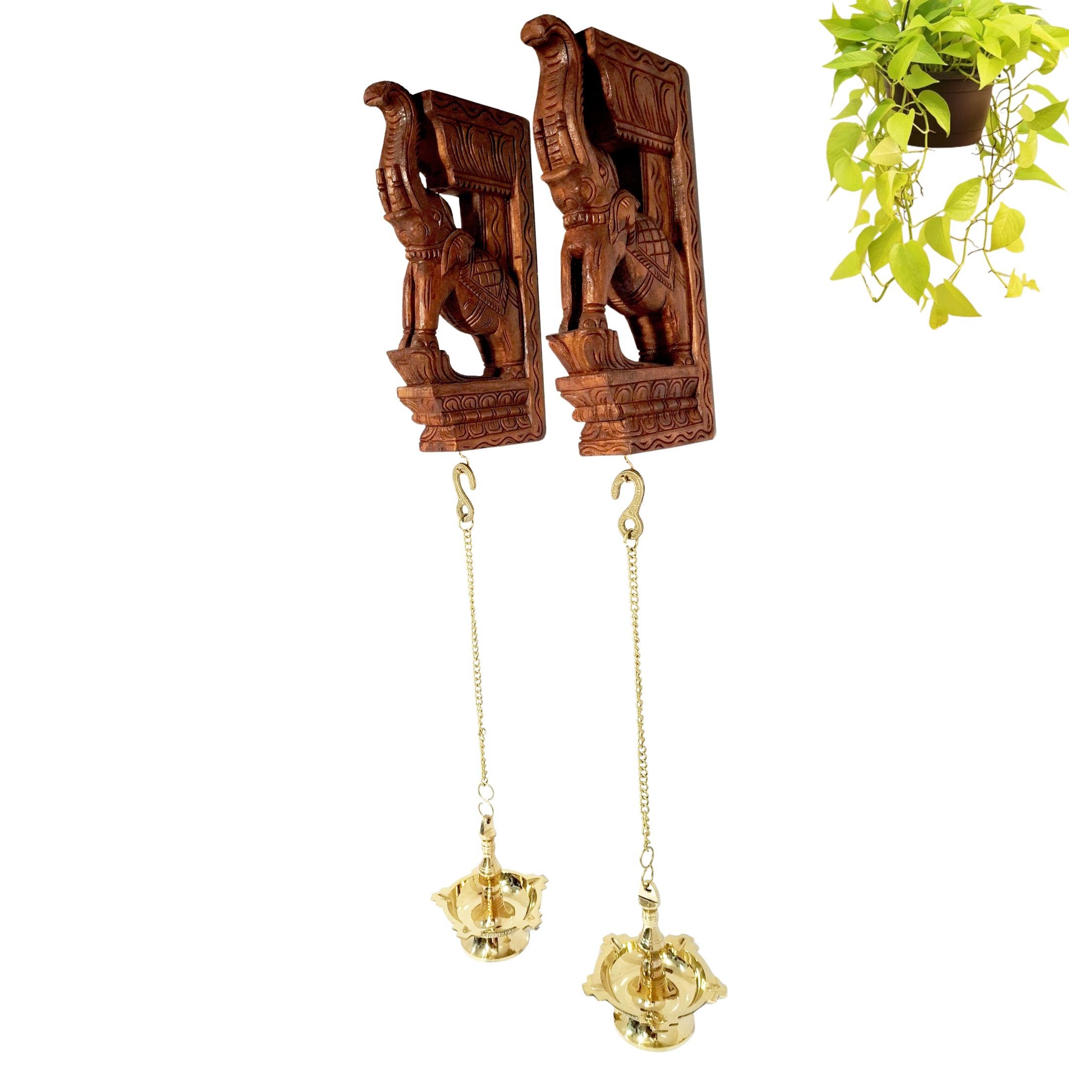 Hand-carved wooden elephant wall bracket pair with brass hanging diya and chain, 30-inch traditional Indian décor