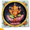 Hand-carved wooden Ganesha wall panel in multicolor finish, Lord Ganesh seated on lotus for pooja room decor.