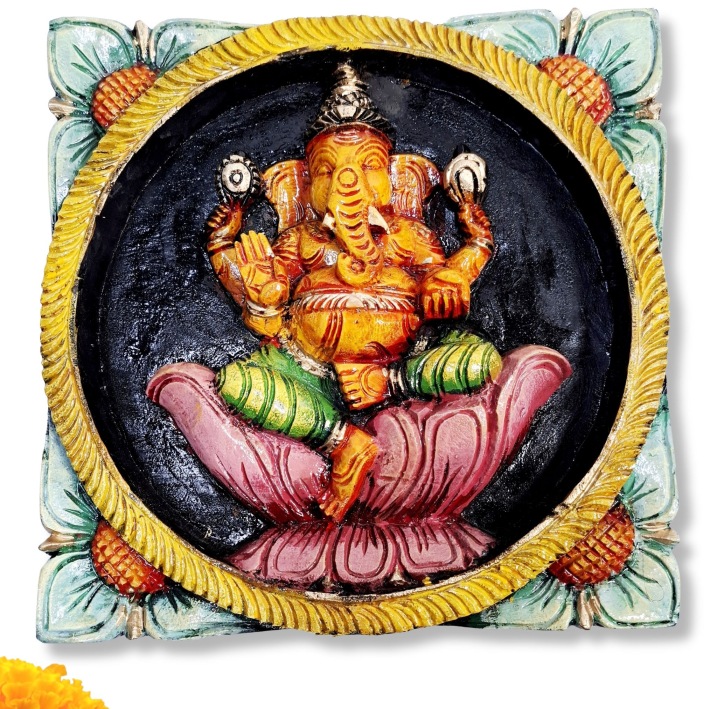 Hand-carved wooden Ganesha wall panel in multicolor finish, Lord Ganesh seated on lotus for pooja room decor.