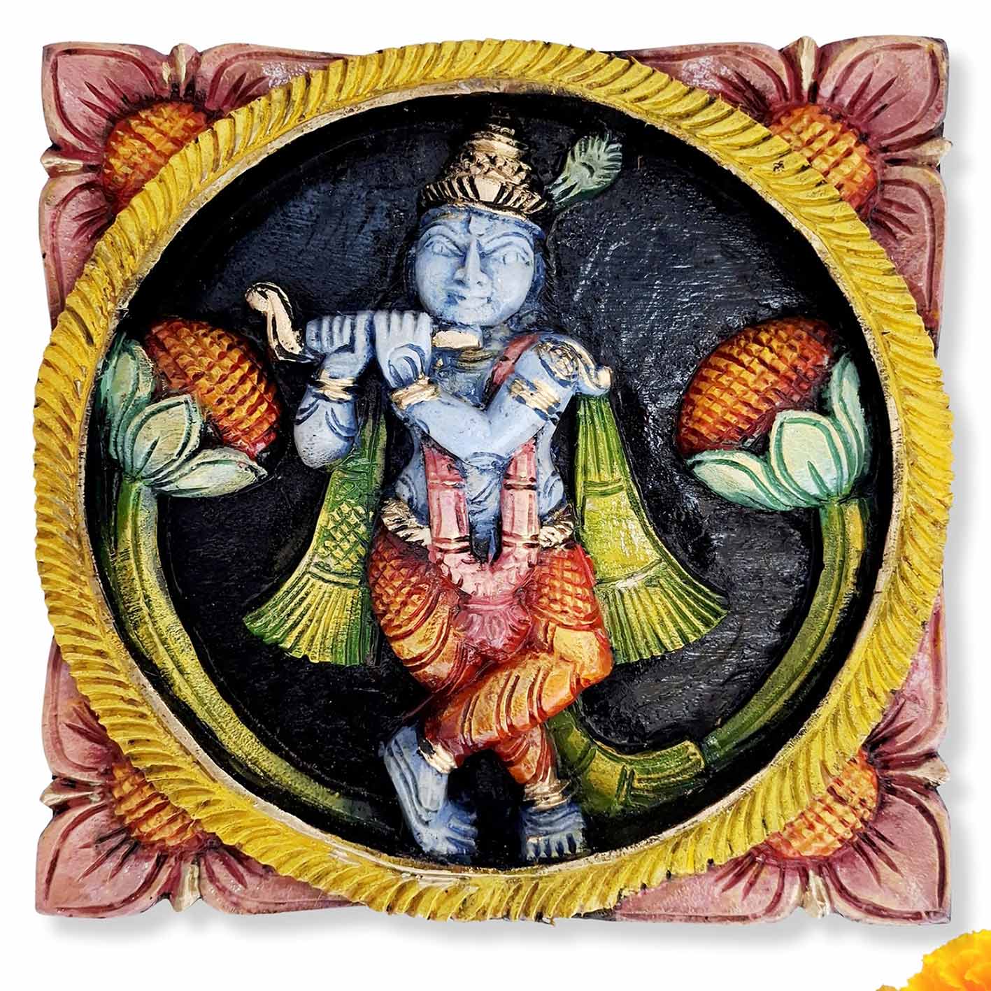 Hand-carved wooden Krishna wall panel depicting Lord Krishna playing flute, multicolor South Indian pooja room wall decor.
