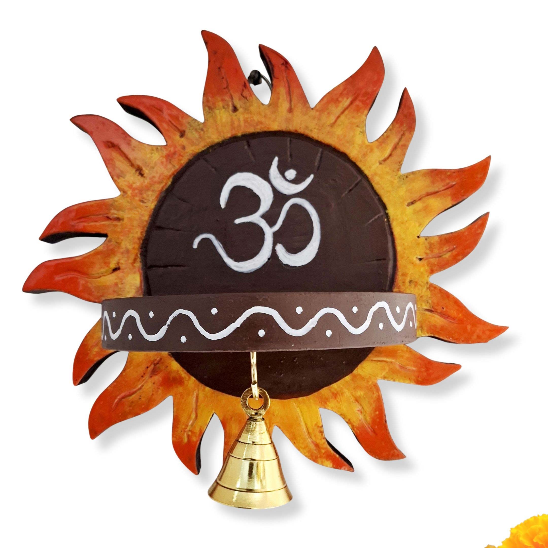 Handmade wooden Om Sun wall shelf with brass bell, solid wood spiritual pooja room wall decor.