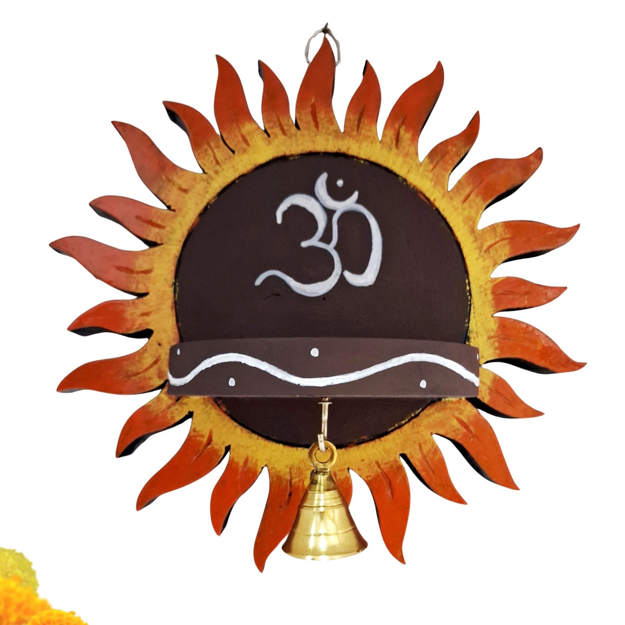 Handcrafted Om sun wall shelf with brass bell in solid mahogany wood