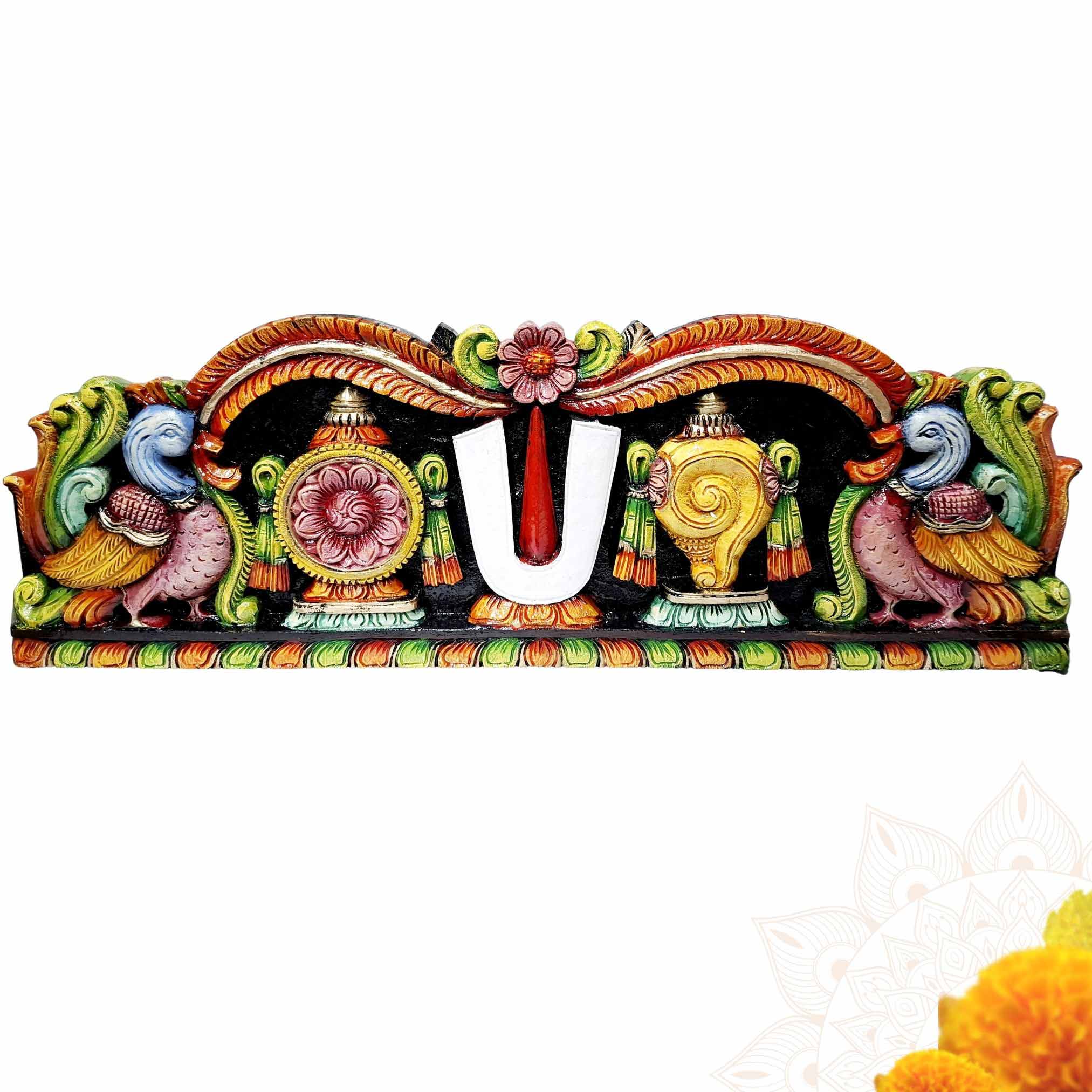 Hand-carved wooden Shanku Chakra Namam wall panel in multicolor, South Indian Vaishnavite temple decor for pooja room.