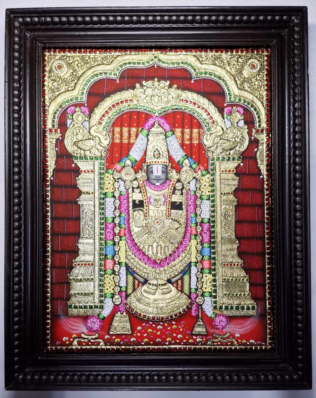 Large Balaji Tanjore painting with 22 carat gold foil and Jaipur stones, framed in teak wood, handmade Hindu wall art for pooja room and living room decor.