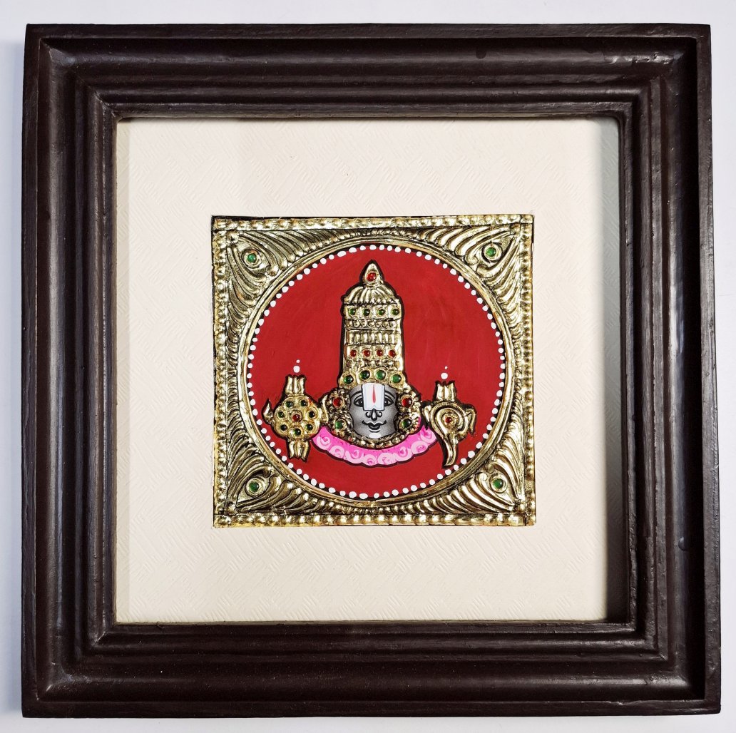 JLine Arts Tanjore Painting Lord Balaji | 24 x 24 cm Hand Painted Wall Art with 22C Gold Foil & Jaipur Stones | Teakwood Frame Home Decor