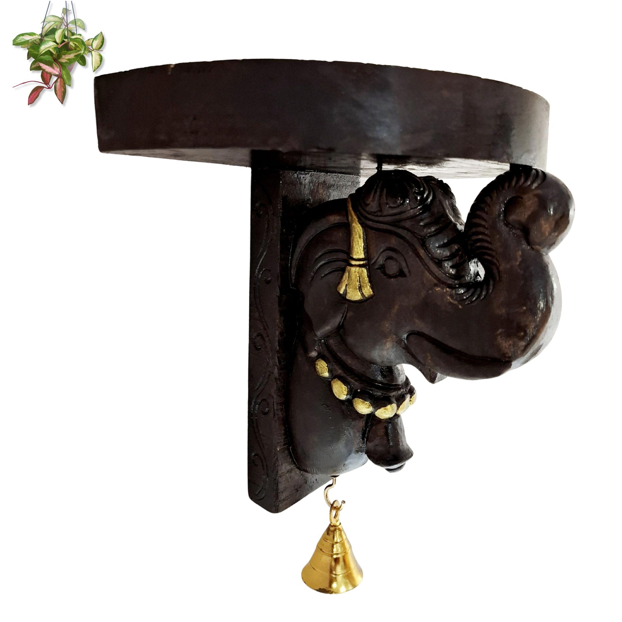 Hand carved wooden elephant wall shelf with brass bell traditional temple decor