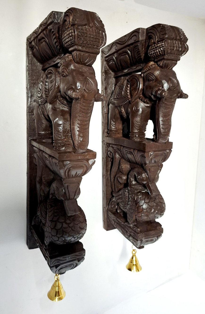 wooden elephant and peacock wall bracket
