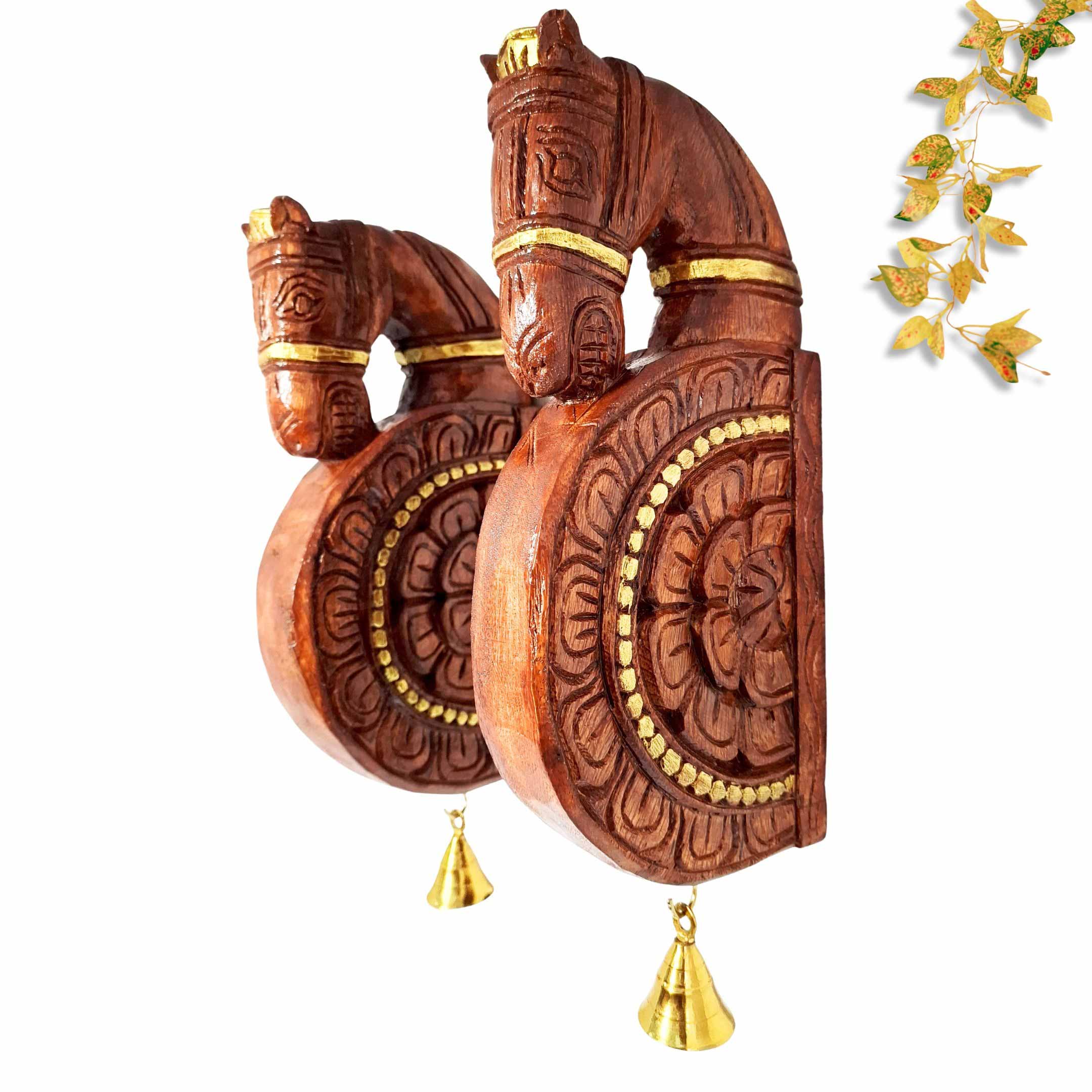 Hand carved wooden horse wall brackets set with brass bells South Indian decor