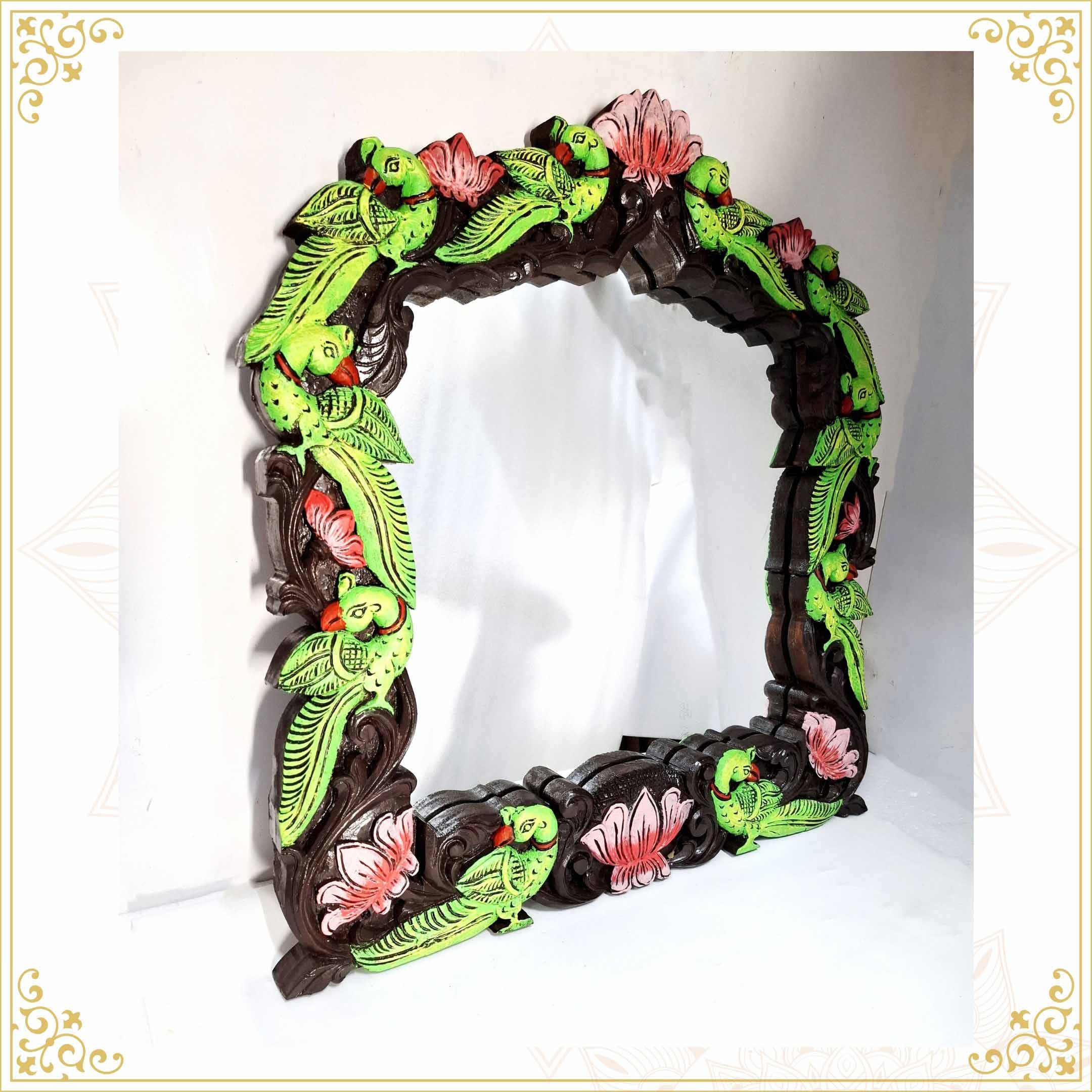 Hand carved wooden parrot mirror frame multicolor South Indian wall decor