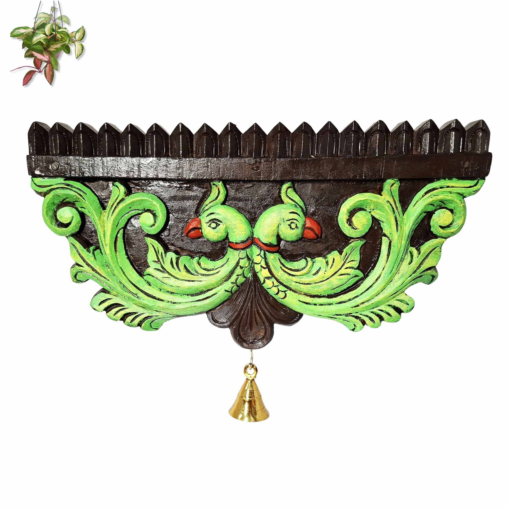 Hand carved wooden parrot wall shelf with brass bell South Indian temple decor