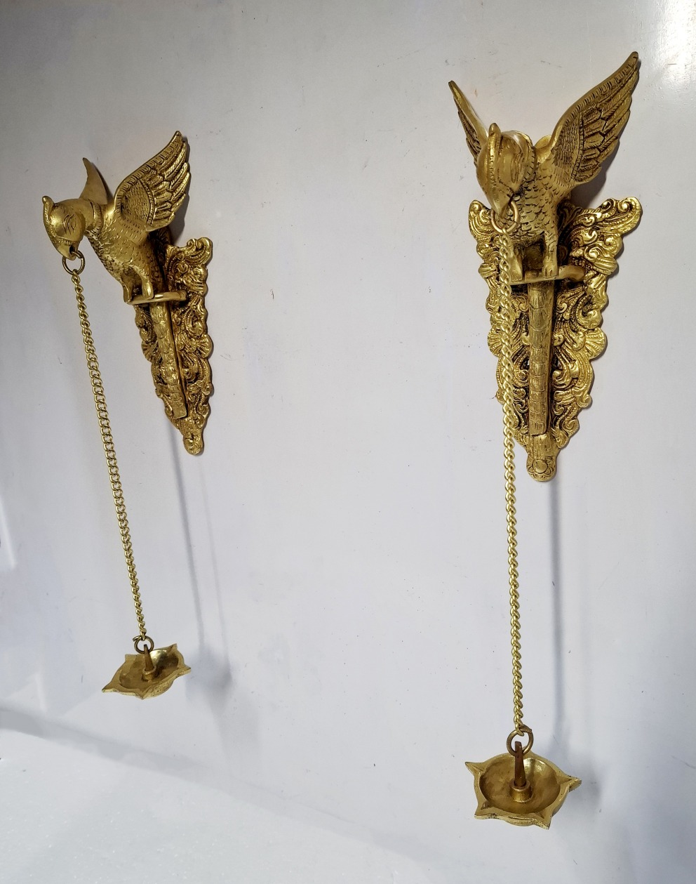 Brass Wall Bracket Parrot Pair 12 Inch Hand Carved with Diya for Pooja Room and Home Décor