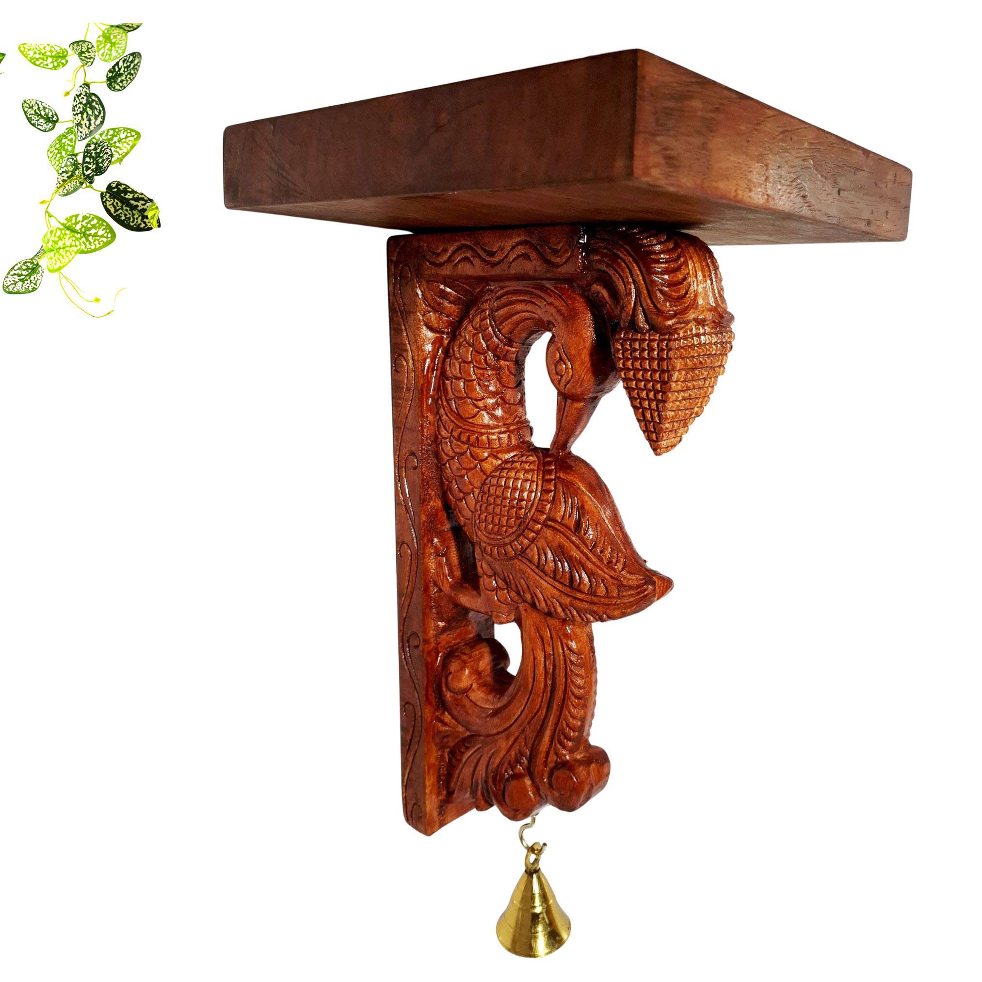 Hand carved wooden peacock wall bracket shelf with brass bell temple decor