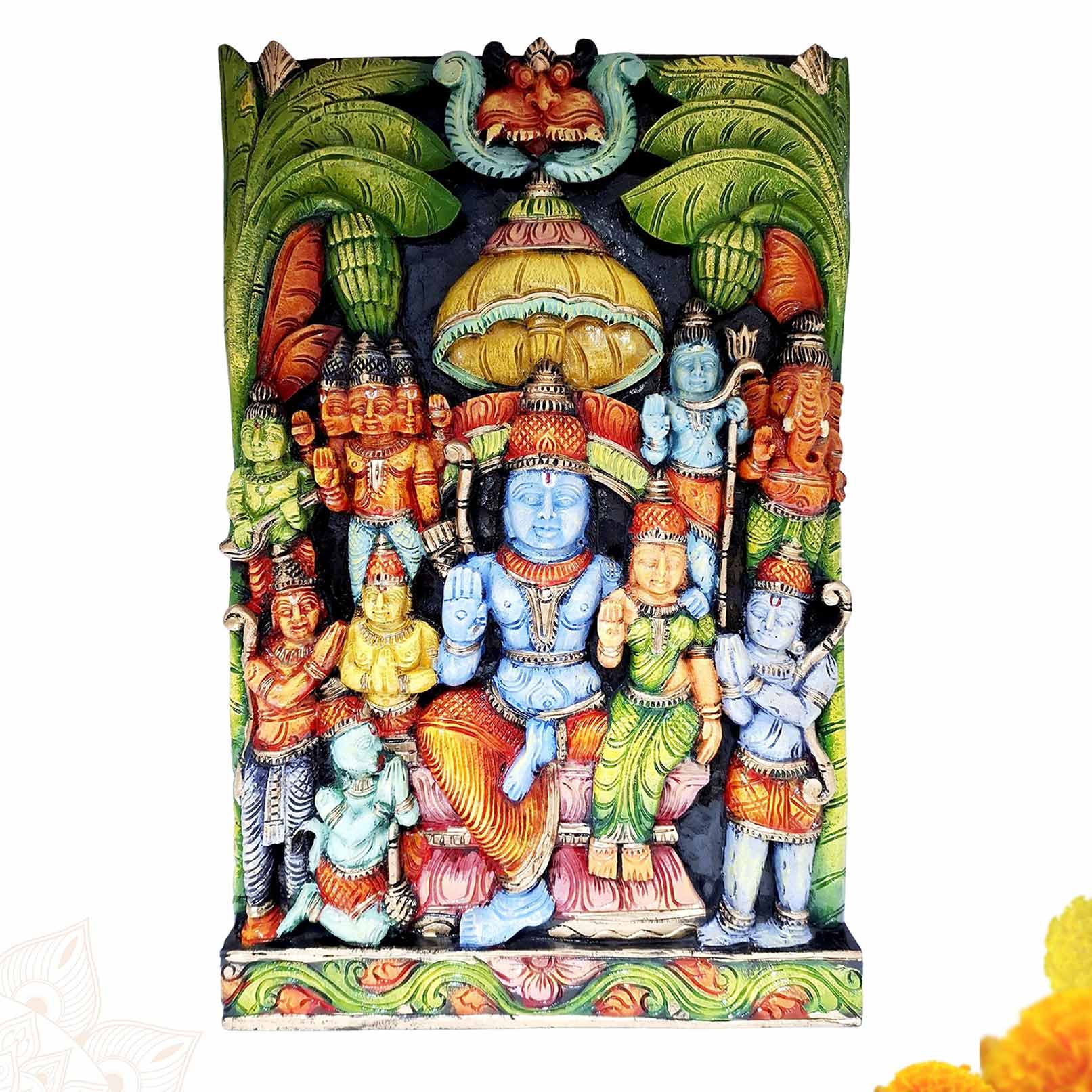 Large hand carved Ram Darbar wooden wall panel multicolor South Indian temple decor