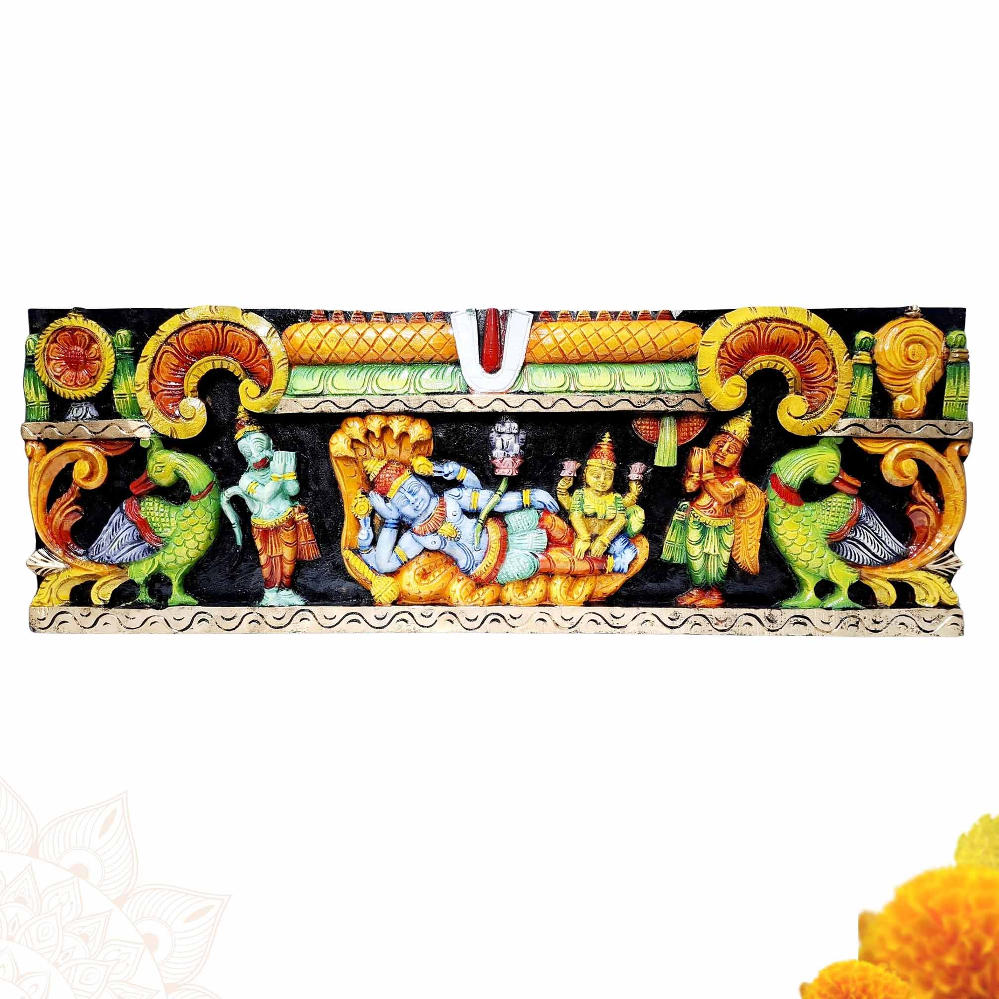 Hand carved Anantha Shayana Vishnu wooden wall panel South Indian temple decor