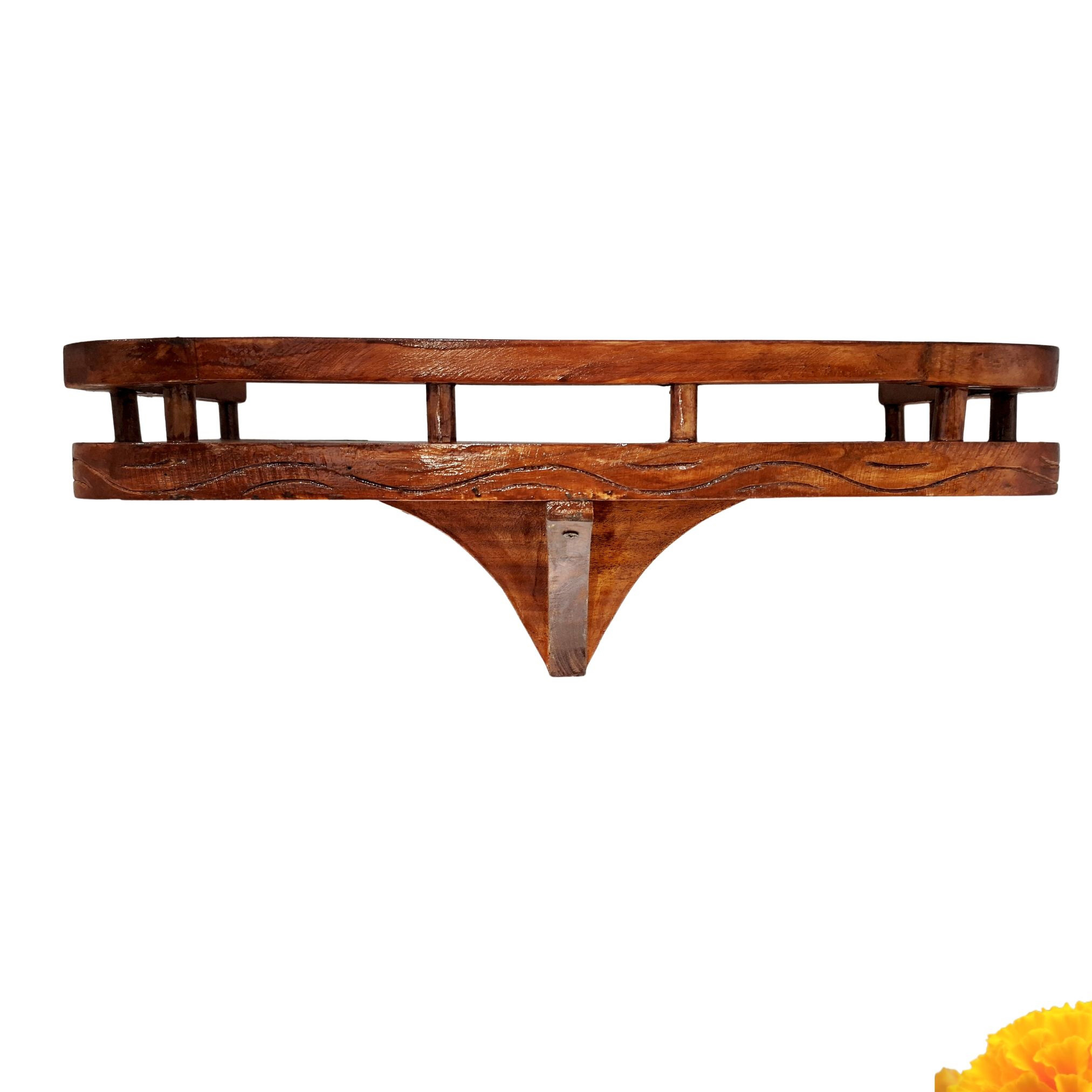 Hand carved wooden wall shelf 18 inches made from solid country wood, Indian pooja room display shelf for home decor buyers in USA UAE Europe Australia Singapore Malaysia