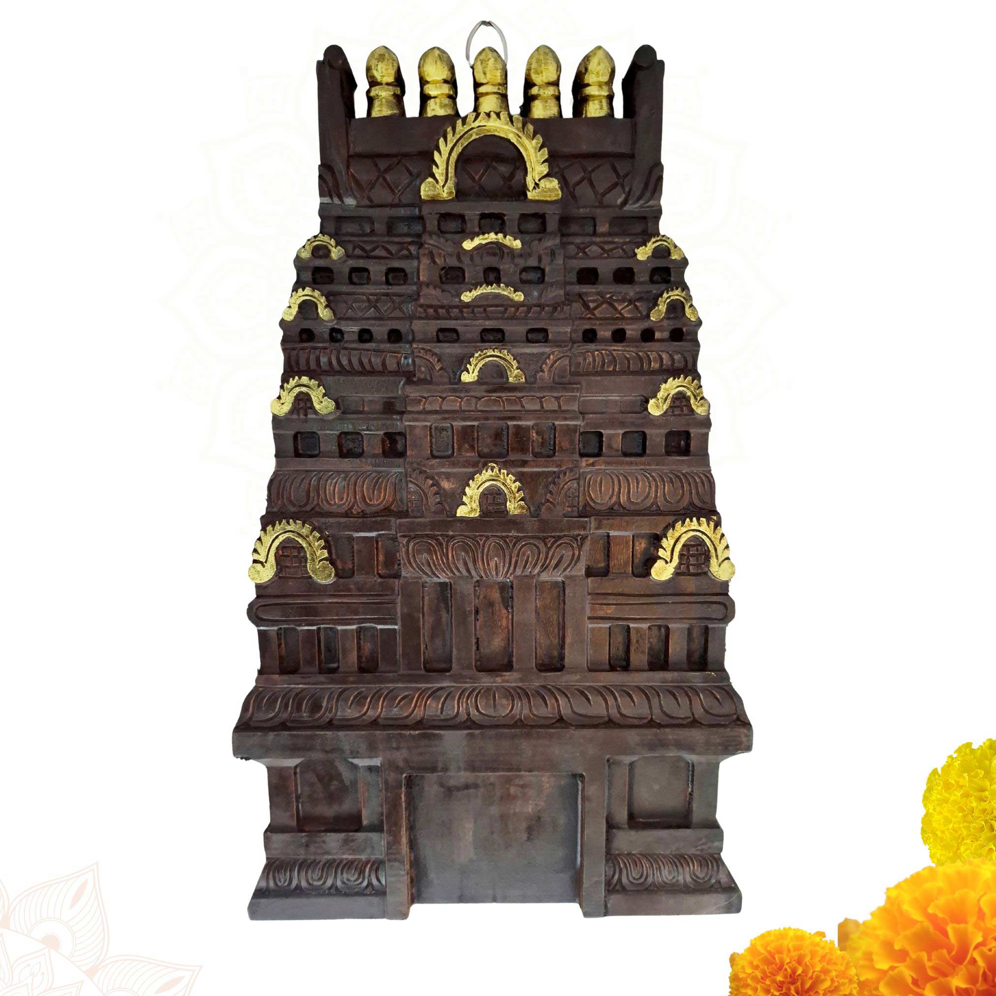 Hand-carved solid wood South Indian temple Gopuram wall panel 18 inches with gold kalasam finials and antique brown finish by JLine Arts
