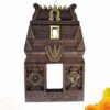 Hand-carved solid wood South Indian temple Gopuram wall panel 18 inches with Shanku Chakra Namam symbols and gold accents, antique brown finish by JLine Arts