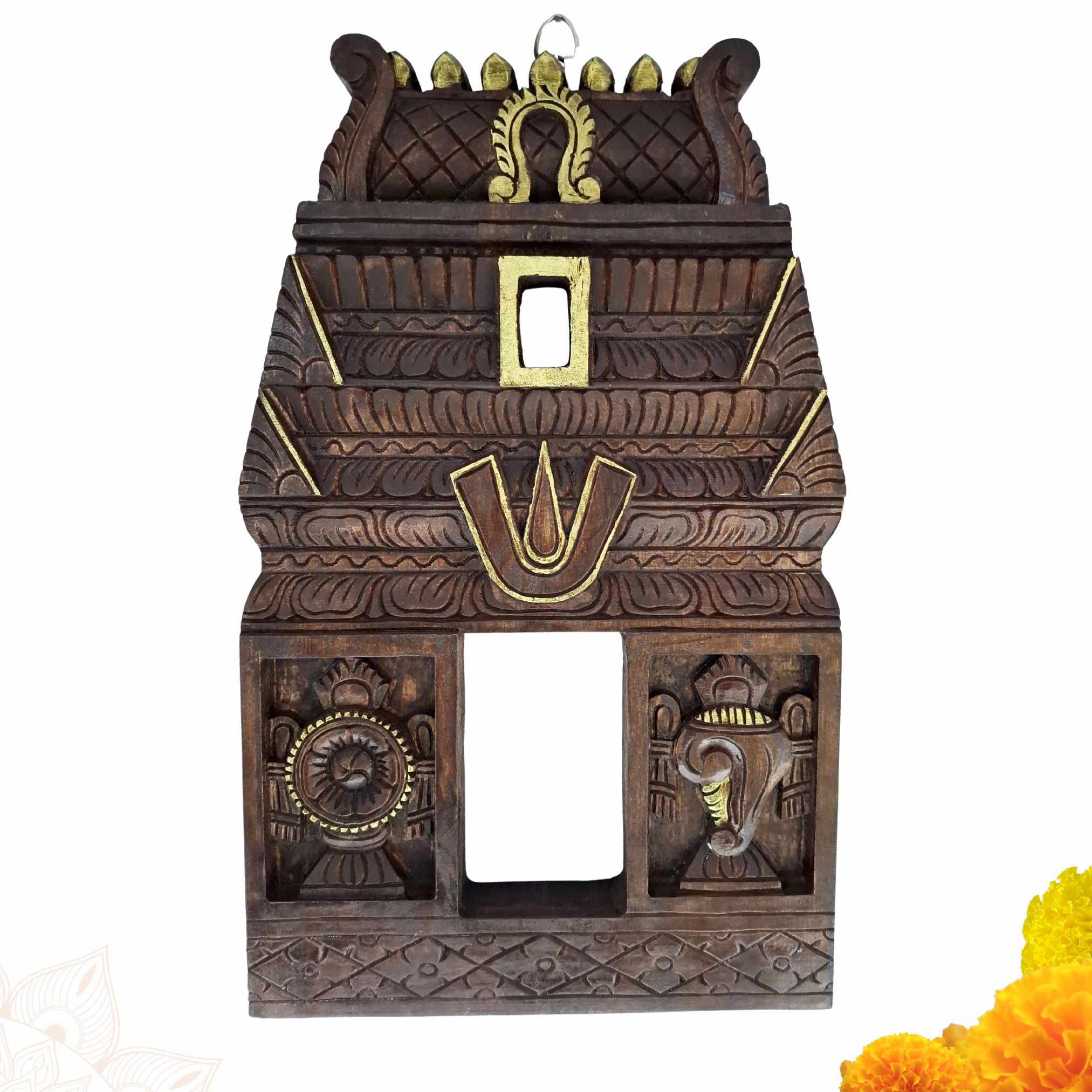 Hand-carved solid wood South Indian temple Gopuram wall panel 18 inches with Shanku Chakra Namam symbols and gold accents, antique brown finish by JLine Arts