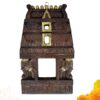 Hand-carved solid wood South Indian temple Gopuram wall panel 18 inches with twin elephant head carvings and gold kalasam finials, antique brown finish by JLine Arts