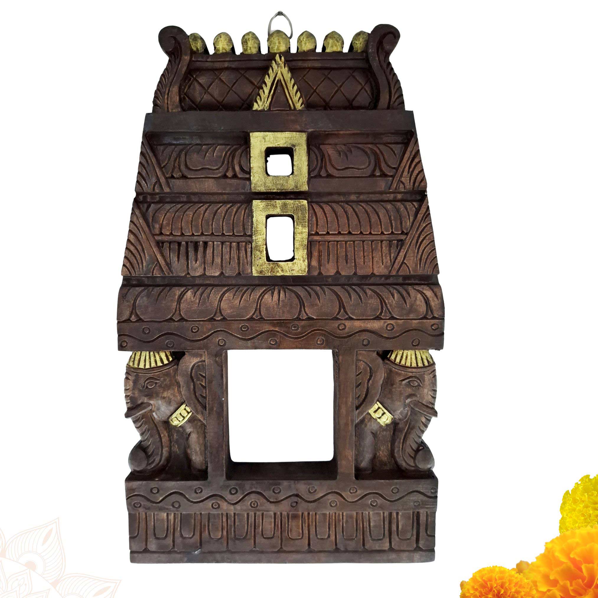 Hand-carved solid wood South Indian temple Gopuram wall panel 18 inches with twin elephant head carvings and gold kalasam finials, antique brown finish by JLine Arts
