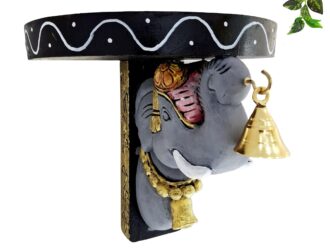 Hand Carved Elephant Wall Shelf with Brass Bell Wooden Temple Decor 9 Inch