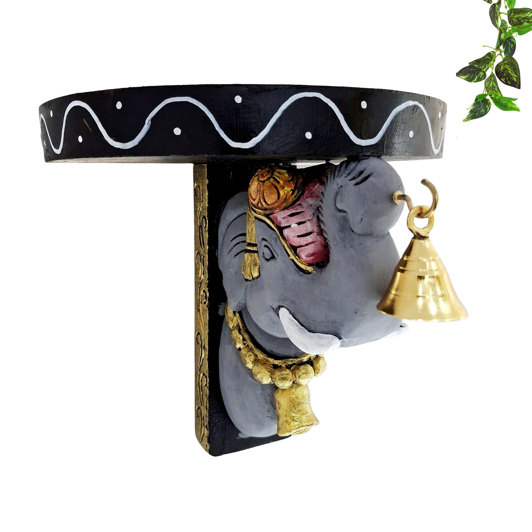 Hand carved wooden elephant wall shelf with brass bell traditional temple decor