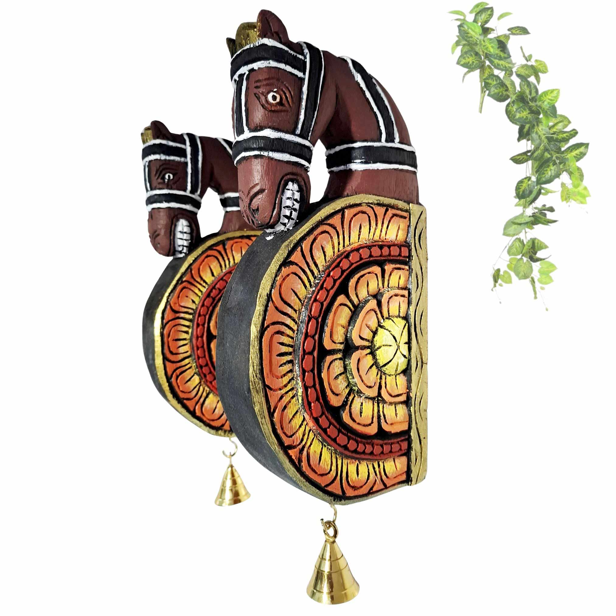 Hand carved wooden horse wall brackets set with brass bells South Indian decor