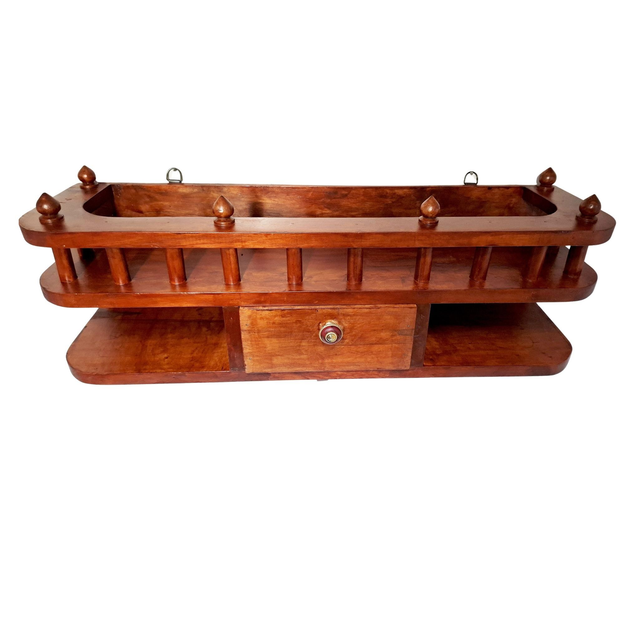 Handcrafted mahogany wood wall shelf with drawer 27 inch pooja room storage rack