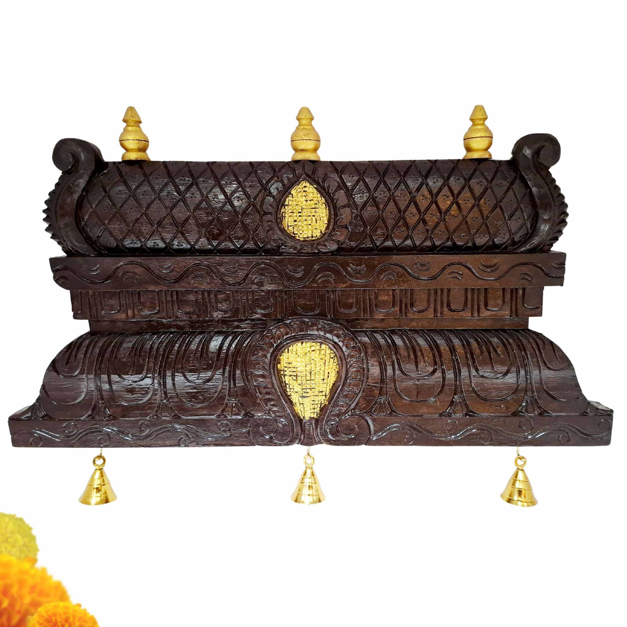Hand-carved wooden temple gopuram wall panel with brass bells, antique brown finish South Indian mandir décor 24 inch