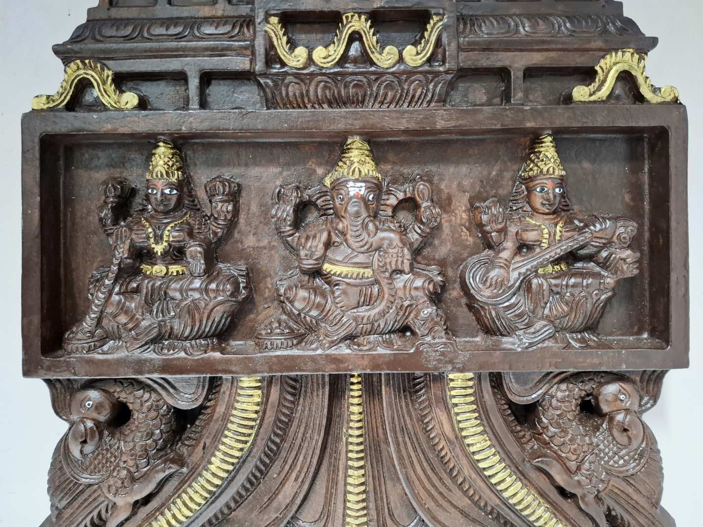 Wooden Lakshmi Ganesha Saraswati Wall Panel