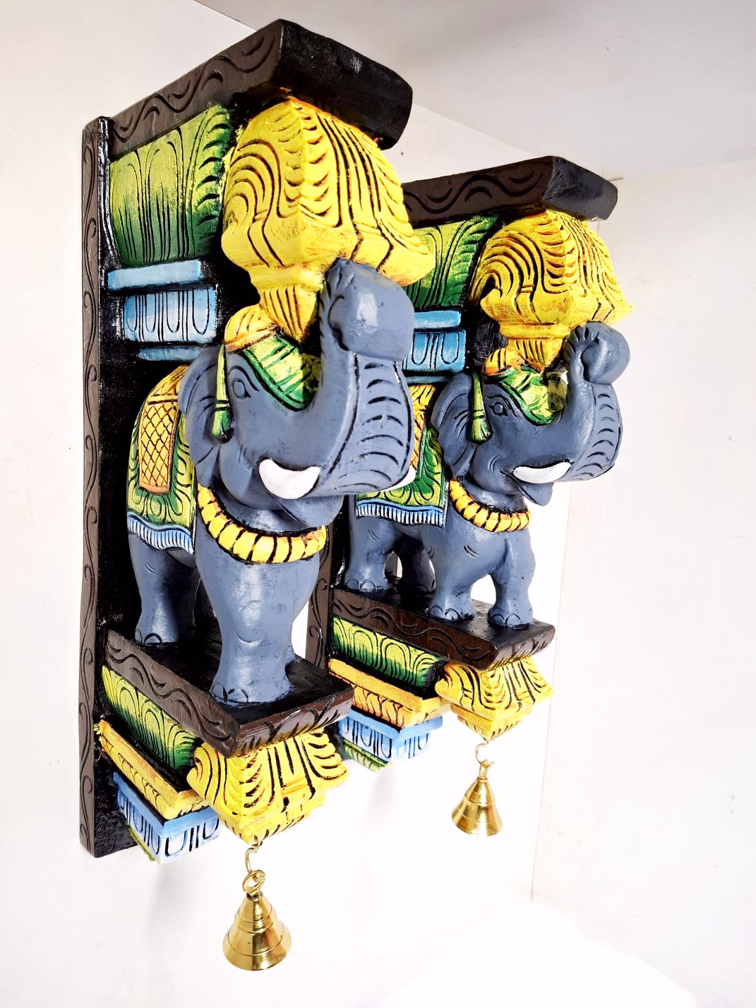 Wooden Elephant Wall Bracket Pair 18 Inch Hand Carved Solid Wood Corbels with Brass Bells Multicolor Finish for Pooja Room and Entrance Décor