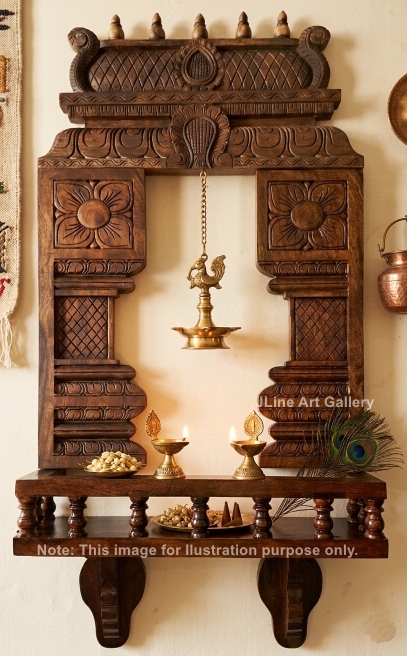 Wooden pooja mandap with gopuram and shelf for home temple, mandir and prayer room