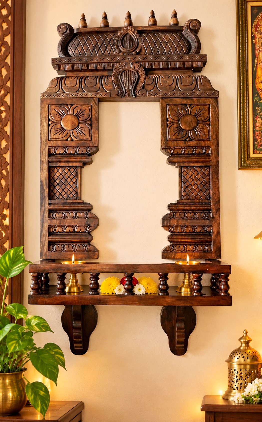 Hand-carved wooden pooja mandap with temple gopuram, pillars and wall-mounted shelf in Mahogany wood