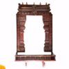 Solid mahogany wooden temple Gopuram wall decor with hand-carved pillars and shelf, 36 inch wide, traditional South Indian Hindu pooja mandir design by JLine Arts