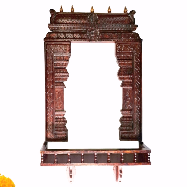Solid mahogany wooden temple Gopuram wall decor with hand-carved pillars and shelf, 36 inch wide, traditional South Indian Hindu pooja mandir design by JLine Arts