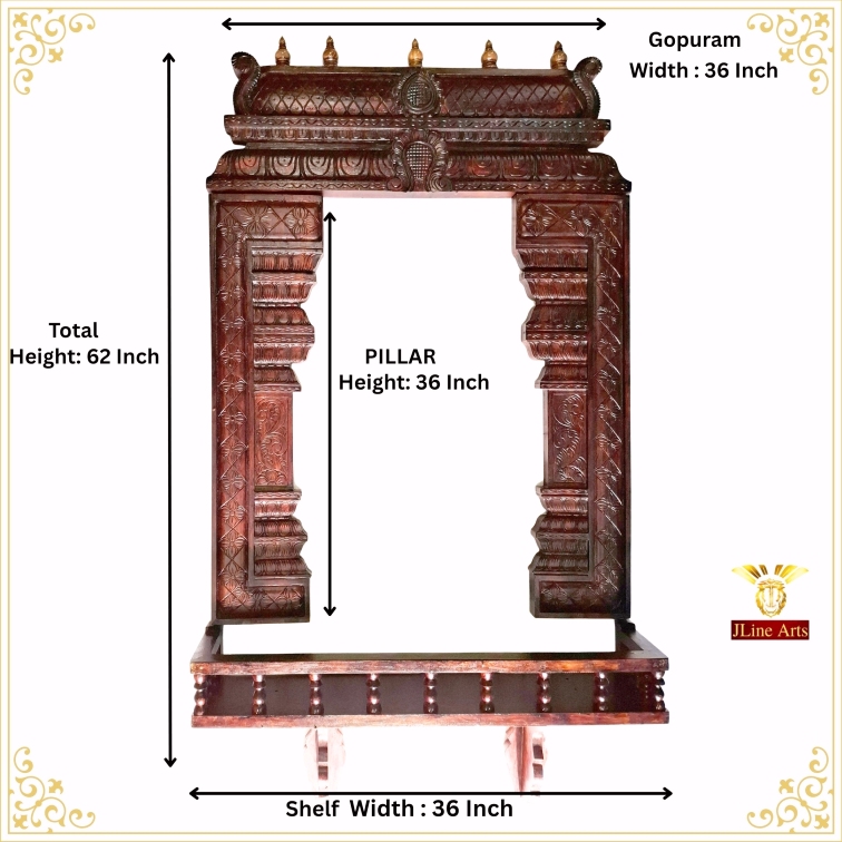 Wooden temple Gopuram dimensions showing 62 inch overall height, 36 inch width, 36 inch carved pillars and wooden shelf