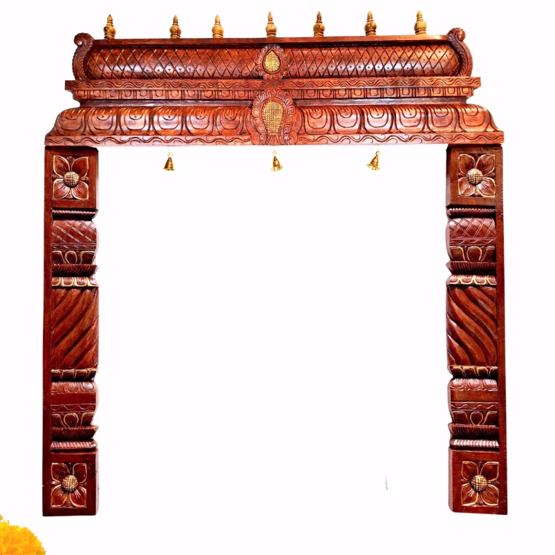 Hand-carved wooden temple gopuram door arch with pillars, Mahogany wood, antique brown finish and brass bells