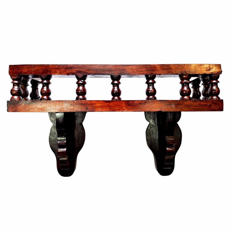 Handmade 24 inch solid mahogany wooden wall shelf with dark brown finish and carved supports
